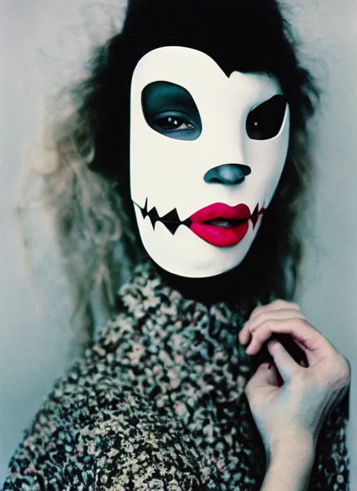 Image similar to a fashion portrait photograph of a woman wearing a plastic mask designed by tim burton, 3 5 mm, color film camera, pentax