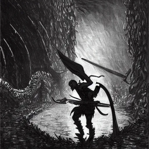 Prompt: A scythe dancer is exploring the grimdarkest dungeon depths. trending on Pixiv. trending on ArtStation. A vibrant painting. A highly detailed fantasy character illustration by Wayne Reynolds and Charles Monet and Gustave Dore and Carl Critchlow