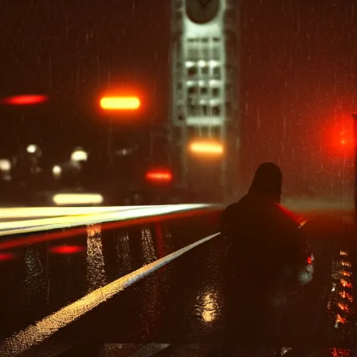 Image similar to dark rainy night, lights, clock chases a guy, running, rain on screen, realistic, cinematic, raytracing, time, intense detail, artstation