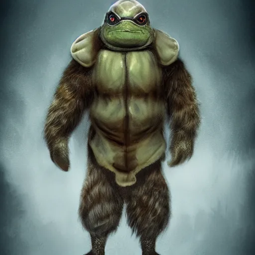 Image similar to anthropomorphic turtle humanoid, carapace, azamat khairov, blizzard, winter, night, furs, fantasy