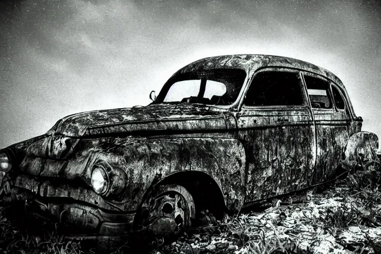 Prompt: old rusty car underwater, photograph,