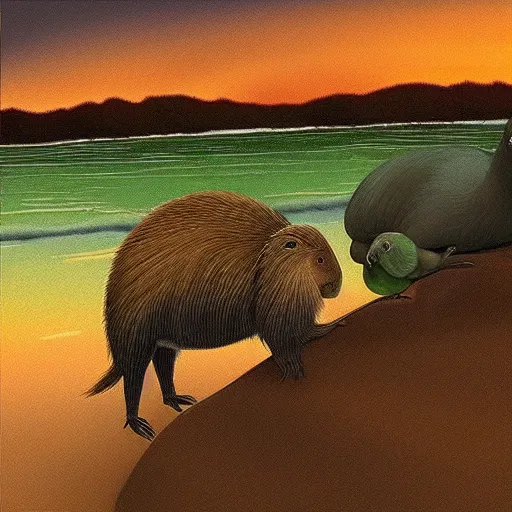 Prompt: “capybara and green parrot with glasses sitting next to each other on a Caribbean beach, hyper realistic, sunrise, golden hour, highly detailed,”