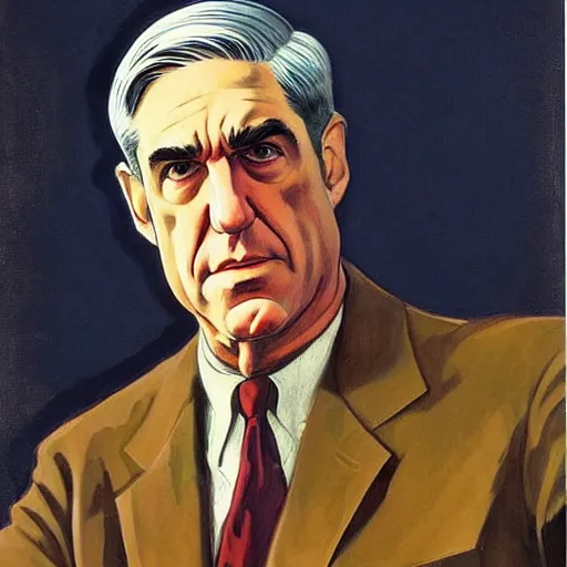 Image similar to socialist realist painting of robert mueller!!! standing with folded arms, disco elysium concept art by j. c. leyendecker and diego rivera