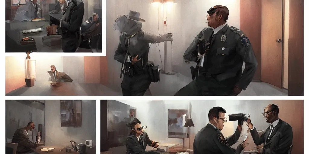 Prompt: tom in a suit is being interrogated by the officer jenkins at the police station, zenith view, warm color palette, night time, dramatic lighting, noir film, fine details, high contrast, blacksad, kim jung gi, greg rutkowski, trending on artstation, 8 k, ultra wide angle