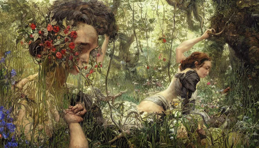 Image similar to original sin, Garden of Eden, Terrestrial Paradise, the Fall of Man, serov, surikov, vasnetsov, repin, kramskoi, paint texture, uplight, insanely detailed and intricate, Charlie Bowater, Tom Bagshaw, Norman Rockwell, high resolution, octane rendered, unreal engine, illustration, trending on artstation, masterpiece, 8k