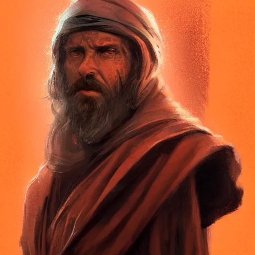 Image similar to portrait of a man by greg rutkowski, jedi master, arabian features, messy long black hair, beard, wearing orange jedi robes, star wars expanded universe, he is about 6 0 years old, highly detailed portrait, digital painting, artstation, concept art, smooth, sharp foccus ilustration, artstation hq