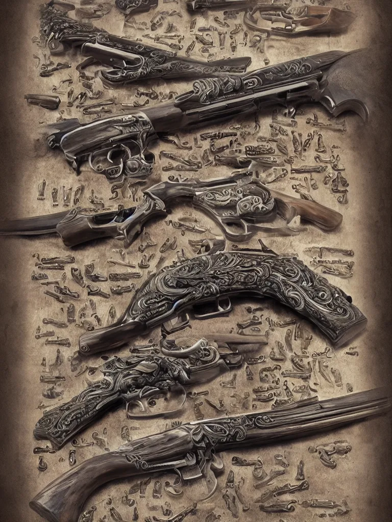 Image similar to carving of machine guns shotguns rifles revolvers bullets, dark vintage paperback cover, ultrarealistic, intricate details, 4k