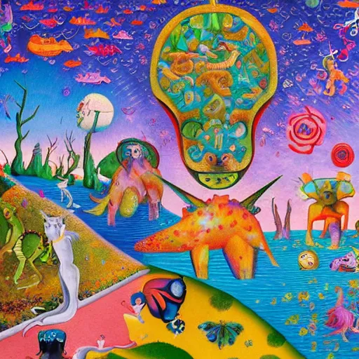 Prompt: a masterpiece collaborative painting by bosch and lisa frank