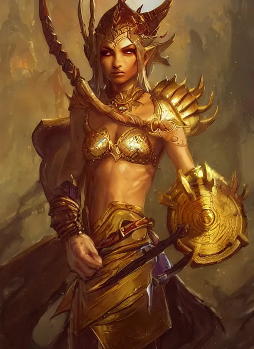 Image similar to a warrior elf, beautiful, dnd character art portrait, looming over a horde of gold, matte fantasy painting, deviantart artstation, by jason felix by steve argyle by tyler jacobson by peter mohrbacher by paul hedley, cinema