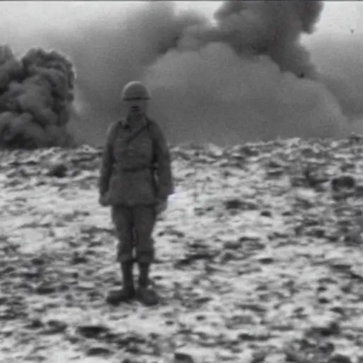Prompt: world war 2 footage of germany testing a nuclear bomb, taken on a ww 2 camera, you can see a single german soldier standing next to the camera, realistic.