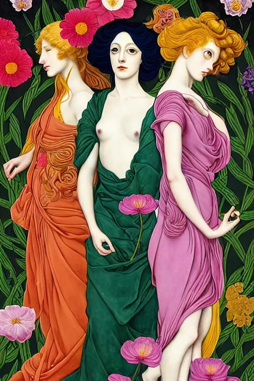 Image similar to 3 Spring Muses symbolically representing March, April, and May, in a style blending Æon Flux, Peter Chung, Shepard Fairey, Botticelli, Ivan Bolivian, and John Singer Sargent, inspired by pre-raphaelite paintings, shoujo manga, and cool Japanese street fashion, dramatically blossoming flora and fauna, petals falling everywhere, pastel vivid triad colors, hyper detailed, super fine inking lines, ethereal and otherworldly, 4K extremely photorealistic, Arnold render