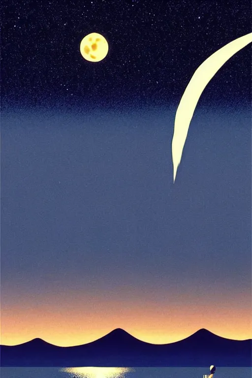 Prompt: crescent moon, ocean, night sky with stars, scenery wallpaper aesthetic, beautiful, cinematic, dramatic, super detailed and intricate, hyper realistic, 4 k render, by darwyn cooke, by kentaro miura, by koson ohara, by hasui kawase, by wayne thiebaud