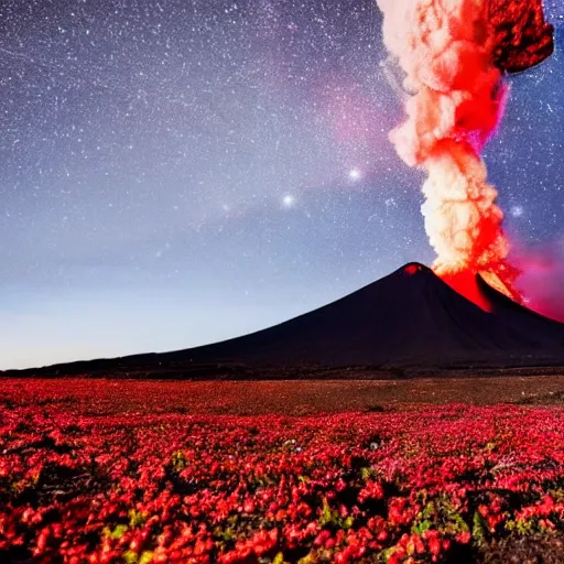 Image similar to photo of a volcano in eruption with a lot of flowers, bright shootings stars in the sky in the background, highly detailled, 4 k