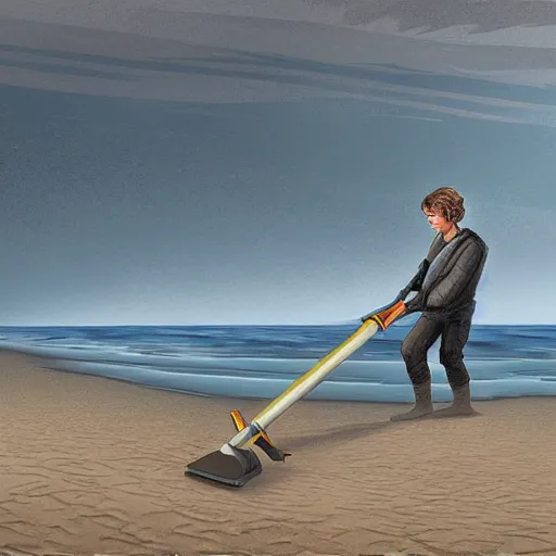 Image similar to Anakin Skywalker vacuuming the beach to remove sand, digital painting, highly detailed