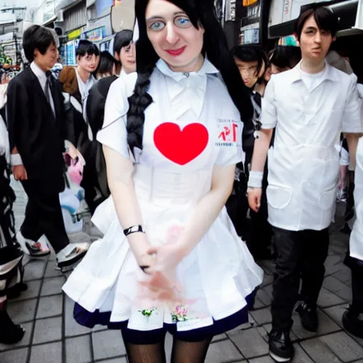 Image similar to martin shkreli in maid uniform at harajuku tokyo street fashion event, a professional high quality photo from vogue magazine