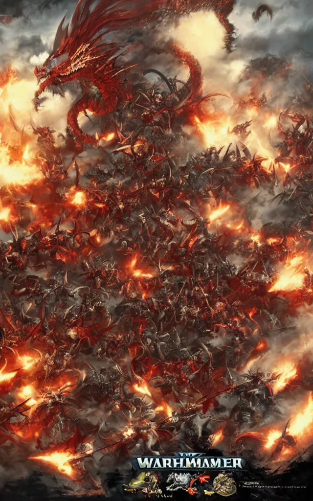 Image similar to warhammer battle scene versus scarlet nordic dragon movie poster by kekai kotaki