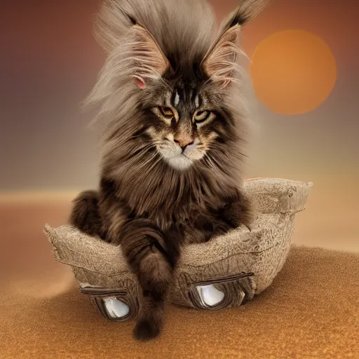 Prompt: Fluffy Maine Coon riding a poney in the desert. Highly realistic. Highly detailed. High resolution. 4k. 8k