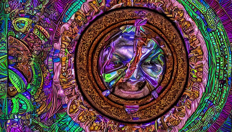 Image similar to a medicine man with a face made of ornate sacred geometry, psychedelic, iridescent 8 k