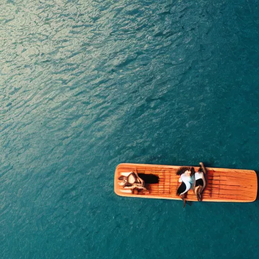 Image similar to four people stranded in the ocean on a wooden raft, ultra realistic, photorealism, 8 k, bokeh still from the movie