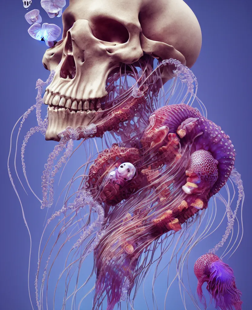 Image similar to goddess close - up portrait human skeleton, ram skull, jellyfish, orchid, betta fish, bioluminiscent, intricate artwork by tooth wu and wlop and beeple. octane render, trending on artstation, greg rutkowski very coherent symmetrical artwork. cinematic, hyper realism, high detail, octane render, 8 k