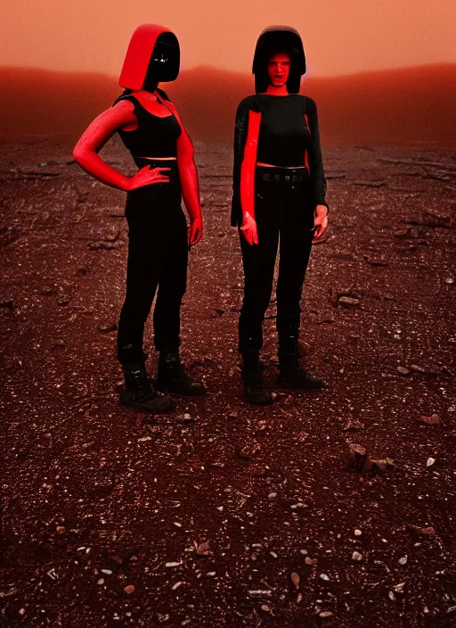 Image similar to cinestill 5 0 d photographic portrait of two loving female androids wearing rugged black techwear on a desolate plain with a red sky, extreme closeup, lizard on ground, cyberpunk style, in front of a brutalist dark metal facility, dust storm, 3 5 mm, 8 k, f / 3 2, high resolution, ultra realistic faces