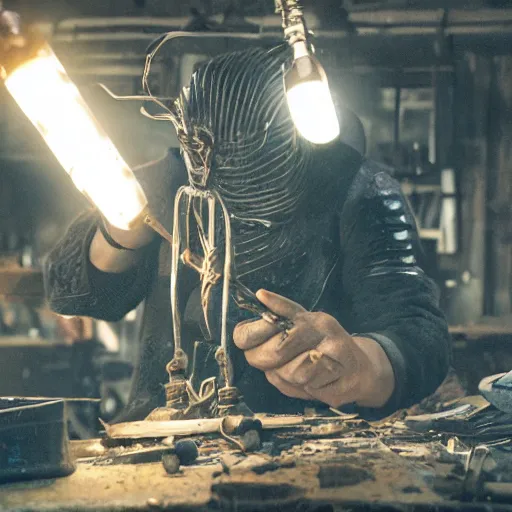 Image similar to intricate object made of rusted old egg beater and forks and knives, balding older cyborg repairing, red hot soldering iron, dark messy smoke - filled cluttered workshop, dark, dramatic lighting, cinematic, highly detailed, sci - fi, futuristic, movie still from blade runner