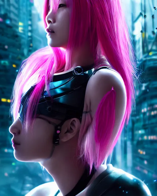 Image similar to portrait of a beautiful asian woman with pink hair as a cyberpunk cyborg half robot, sci - fi, missing panels, intricate abstract upper body intricate artwork, concept art, octane render, deviantart, cinematic, key art, hyperrealism, iridescent accents, portrait photograph, nikon 3 5 mm, photograph by greg rutkowski