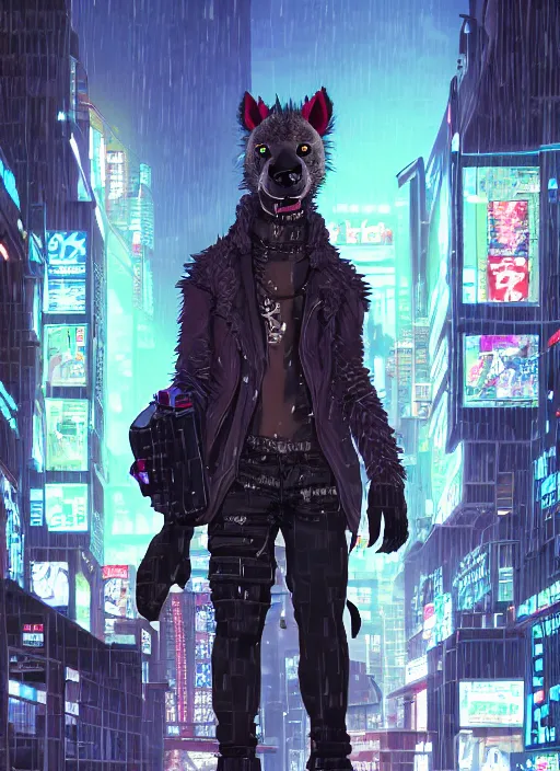 Image similar to character portrait of a male anthro hyena fursona with a tail and a cute beautiful attractive detailed furry face wearing stylish cyberpunk clothes in a cyberpunk city at night while it rains. hidari, color page, tankoban, 4K, tone mapping, Akihiko Yoshida. Nomax, Kenket, Rukis. comic book style, photorealistic, professional lighting, hyperdetailed, high resolution, high quality, dramatic, deviantart, artstation, 4k, real photo