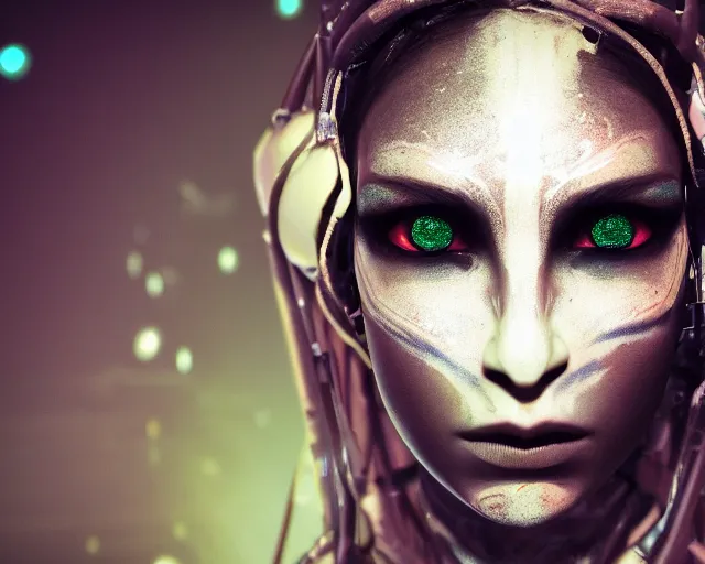 Prompt: a film still of a synthetic female human oracle wrapped in white cloth, beautiful, tribal facepaint, glowing eyes, neotokyo, cinematic lighting, high resolution, 4 k