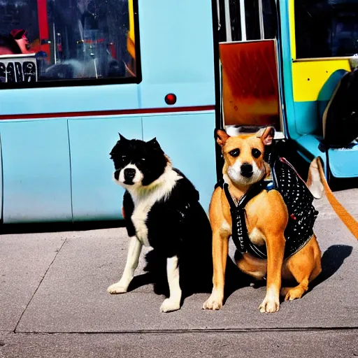 Image similar to !dream a street photo of two dogs sitting in front of the bus