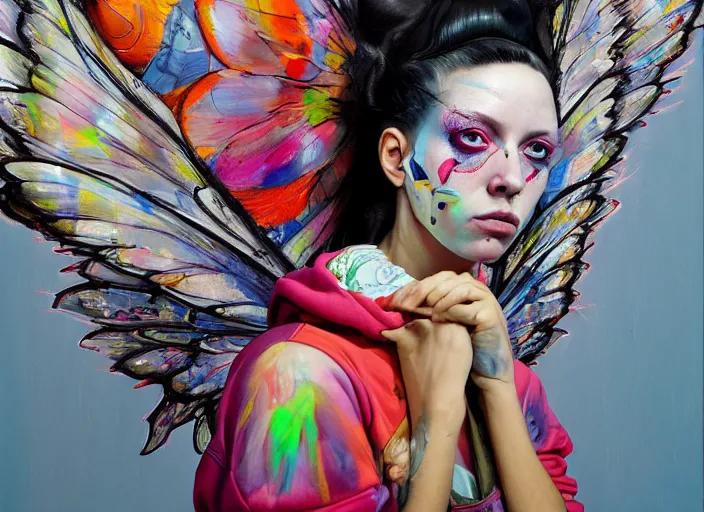 Image similar to a painting by martine johanna of a fairy with big wings wearing a hoodie standing in a township street in the style of jenny saville, street fashion outfit, haute couture fashion shoot, full figure painting by david choe and jeremy mann, decorative flowers, 2 4 mm, die antwoord yolandi visser