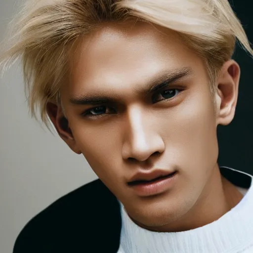 Prompt: a beautiful picture of a jong blond man wiht a sharp face and brown eyes