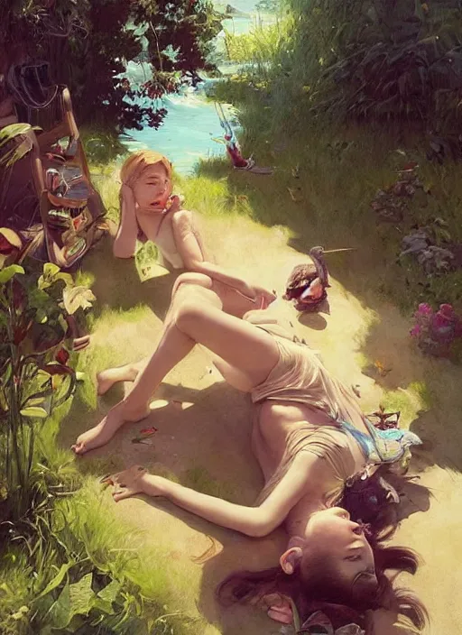 Prompt: beautiful painting scene of relaxing summer day, by Kenne Gregoire, James Jean, Tran Nguyen, WLOP, Jakub Rebelka. trending on Artstation, 8k, masterpiece, chill summer, graffiti paint, fine detail, full of color, intricate detail, golden ratio illustration