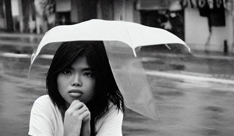 Image similar to A Filipino girl taking shelter from the rain, 35mm film, by Gregg Araki