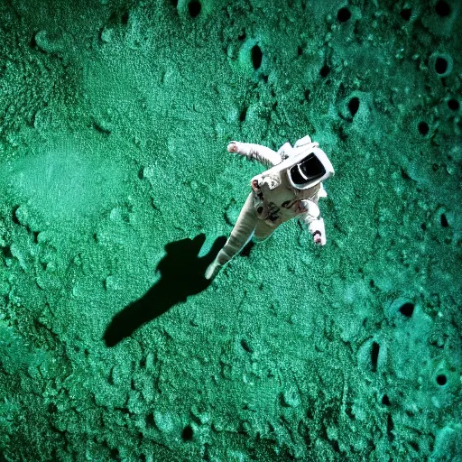 Prompt: astronaut wading through a slimy green pool. A monster can be seen lurking under the surface. Overhead view. Cinematic. Horror.