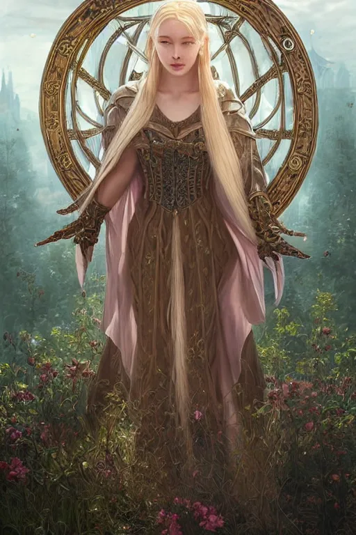 Prompt: beautiful cottagecore mage blonde braided hair chungha opening a portal gate, heavy cloak leather armor, castle, fantasy character portrait, ultra realistic, intricate, elegant, highly detailed, digital painting, artstaion, smooth, sharp, focus, illustration, art by artgerm and greg rutkowski and alphonse mucha