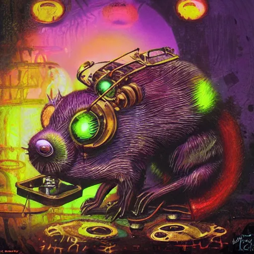 Image similar to steampunk rat, acid, 303, psychedelic, by paul lehr