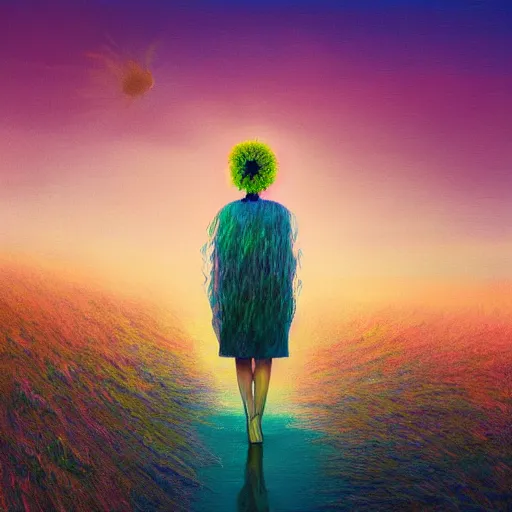 Image similar to closeup giant dahlia flower head, girl walking between dunes, surreal photography, sunrise, blue sky, dramatic light, impressionist painting, digital painting, artstation, simon stalenhag