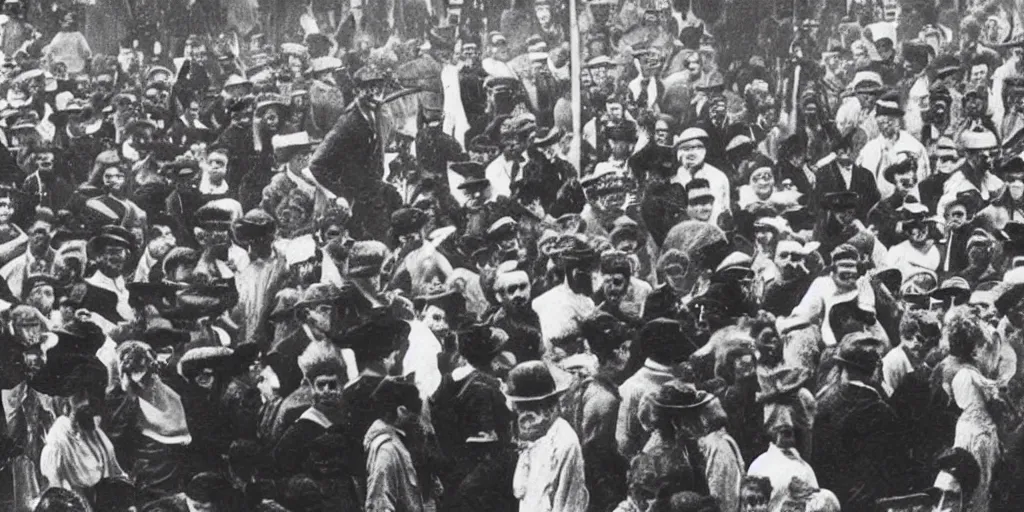 Image similar to scary unproportionable tall ghost creature in the middle of a crowd, 1900s picture