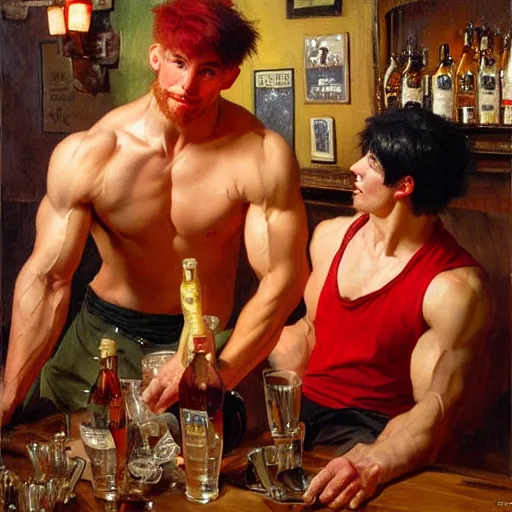 Image similar to attractive muscular male with red hair, shorts, and muscular attractive male with black hair, pants, drinking their hearts out, in a pub. very defined and highly detailed painting by j. c. leyendecker, gaston bussiere, craig mullins 8 k