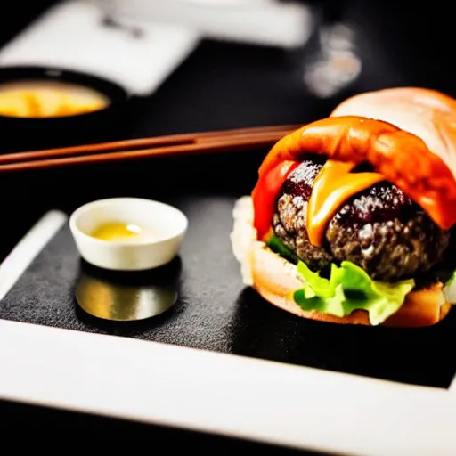 Image similar to a burger made out of sushi, food photography, michelin star