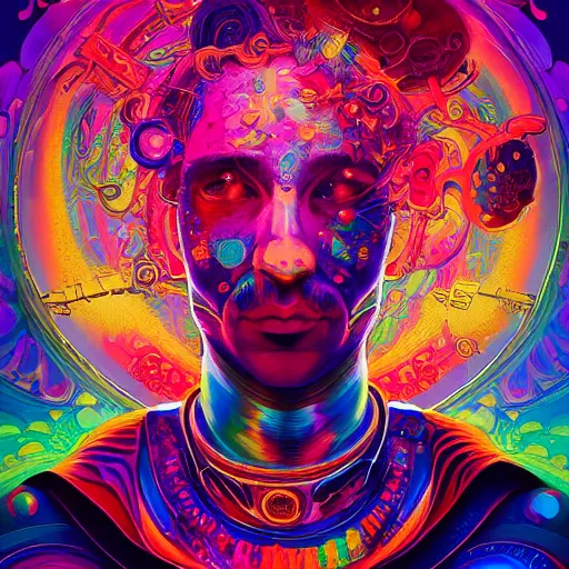 Image similar to An extremely psychedelic experience, colorful, surreal, dramatic lighting, cosmonaut, LSD, face, detailed, intricate, elegant, highly detailed, digital painting, artstation, concept art, smooth, sharp focus, illustration, art by Sam Spratt, Dan Mumford, Artem Demura and Alphonse Mucha