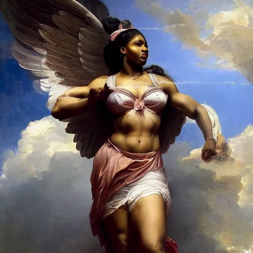 Image similar to Portrait of Serena Williams as Nike Goddess, large wings, luxuriant, dreamy, eternity, romantic, strong pose, highly detailed, in the style of Franz Xaver Winterhalter, highly detailed, in the style of Aetherpunk