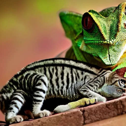 Image similar to photo of a cat and chameleon best friends