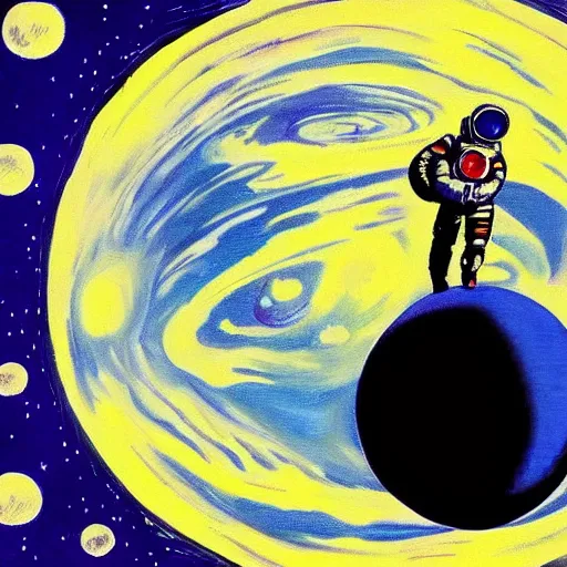 Prompt: A beautiful painting of a man in a spacesuit floating in a zero-gravity environment, with a planet in the background. sapphire, Greek, drawn in MS paint by Hirohiko Araki