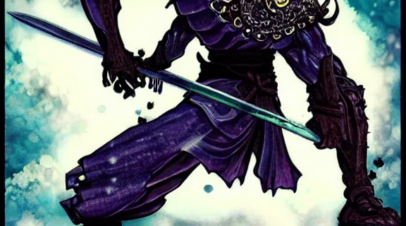 Prompt: Albedo Overlord in samurai pose holding katana | Somber moon | wet Dungeon Chamber | Big Moon at Night | strong blue rimlit | visual-key | anime illustration | highly detailed