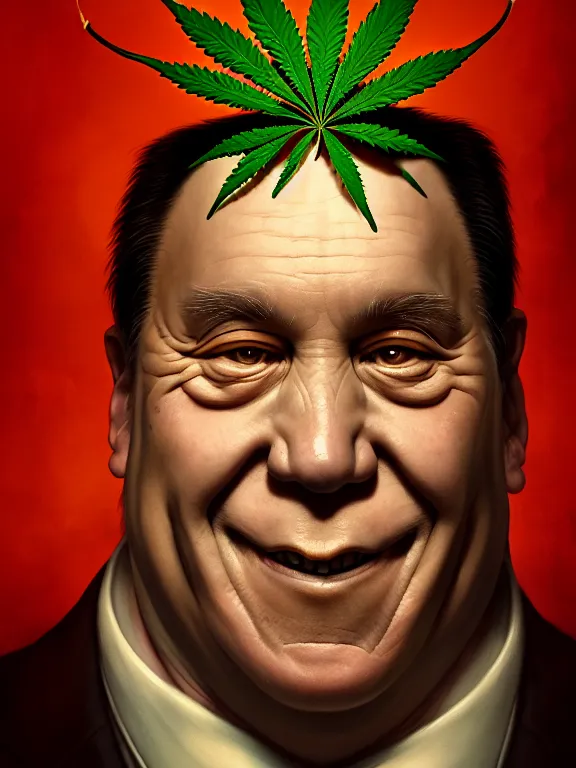 Image similar to a portrait of a cannabis devil premier francois legault illustrated by miyazaki by karol bak, james jean, tom bagshaw, rococo, sharp focus, trending on artstation, cinematic lighting, hyper realism, octane render, 8 k, hyper detailed, vivid, ultra detailed, highly detailed