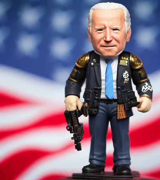 Prompt: portrait photo of joe biden as a funko pop figurine with a gatling gun. Macro photography.