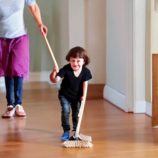 Prompt: a family chasing a bat around a room with a broom and a plastic bin.