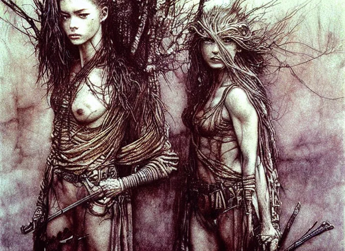 Image similar to young female warriors in painting by Beksinski, Luis Royo, Arthur Rackham